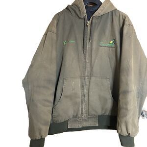 Vtg Dunbrooke Jacket Canvas Quilted Hooded John Deere Workwear Mens Sz XL Brown